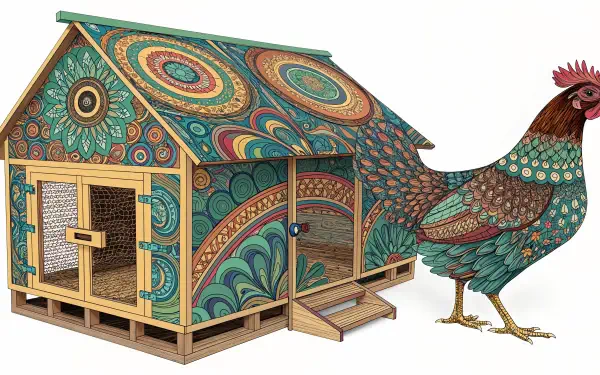 A vibrant and artistic chicken coop with intricate patterns, accompanied by a colorful chicken, captured in stunning 4K Ultra HD quality for a striking desktop wallpaper.