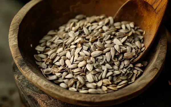 A wooden bowl filled with sunflower seeds and a wooden spoon, showcased in rich detail for a 4K Ultra HD desktop background.