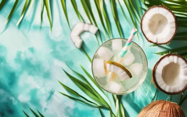 A vibrant 4K Ultra HD image showcasing refreshing coconut water in a glass with ice, adorned with a slice of lime, surrounded by coconut halves and lush green palm leaves.
