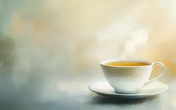 A serene 4K Ultra HD wallpaper featuring a steaming cup of white tea on a saucer, set against a soft, blurred background.