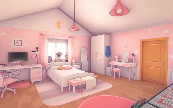 A cozy, pastel pink bedroom featuring a bed, desk, and computer setup, reflecting a whimsical video game aesthetic. This 4K Ultra HD wallpaper captures a cheerful and inviting atmosphere.