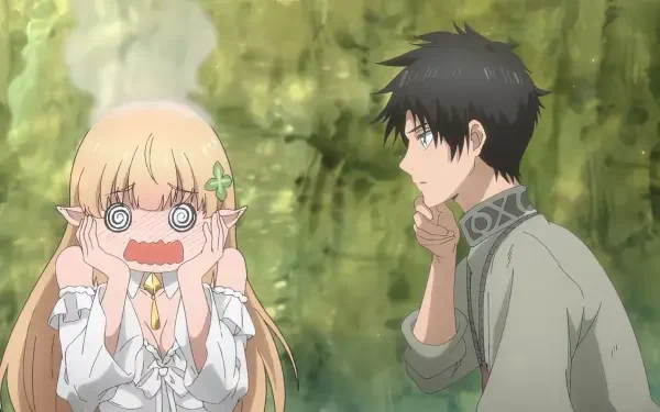 A scene from the anime Even Given the Worthless Appraiser Class, I'm Actually the Strongest. features a surprised girl and a contemplative boy against a natural backdrop.