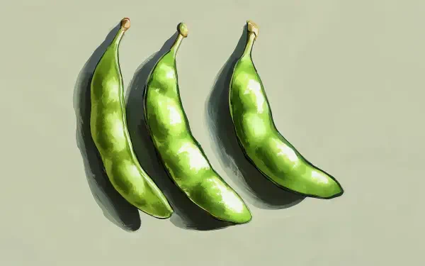 Three vibrant green edamame pods arranged on a soft background, showcased in rich detail for a stunning 4K Ultra HD desktop wallpaper.