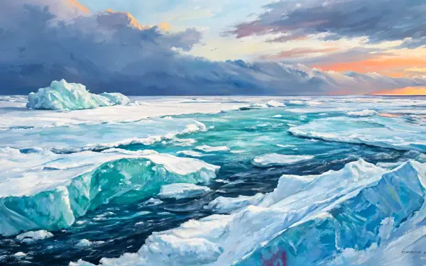 A breathtaking scene of sea ice, featuring stunning turquoise waters and ice formations under a dramatic sky, captured in vibrant detail for a 4K Ultra HD desktop wallpaper.