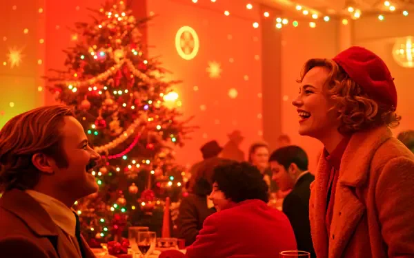 A festive Christmas party scene with joyful guests, twinkling lights, and a decorated tree, captured in vibrant colors, showcasing the warmth of the holiday spirit in 4K Ultra HD.