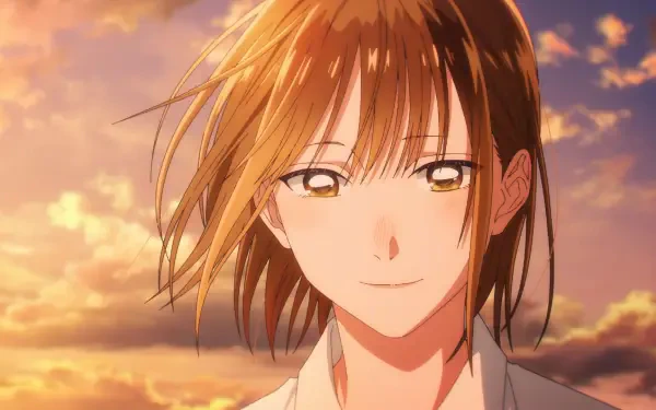 HD anime wallpaper featuring Chinatsu Kano from Blue Box, with a warm sunset sky casting a soft glow on her gentle expression.