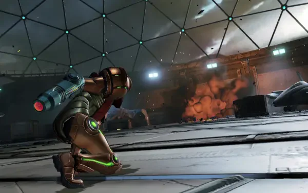 A dynamic scene from Metroid Prime 4: Beyond, showcasing the armored protagonist in an HD PC desktop wallpaper, set against a futuristic indoor environment.