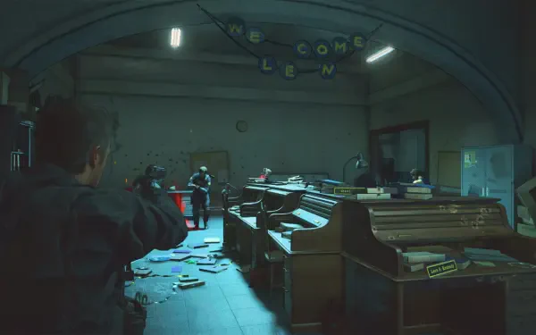 A detailed HD wallpaper from Resident Evil Re:Verse, featuring a tense scene in an abandoned room cluttered with pianos and debris, illuminated by dim lighting.