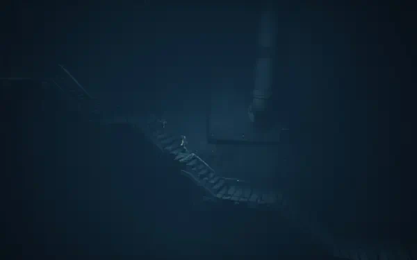 HD desktop wallpaper featuring a dark, eerie scene from the video game Little Nightmares III, highlighting a suspenseful, shadowy environment.