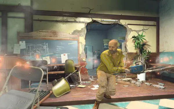 A character from Resident Evil Re:Verse emerges within a chaotic, debris-filled room featuring damaged walls and scattered furniture, set as an HD PC desktop wallpaper.