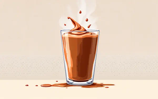 A steaming glass of rich chocolate milk, with splashes and drips, set against a minimalist background, captured in stunning 4K Ultra HD for a captivating desktop wallpaper.