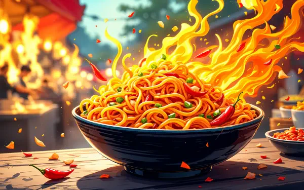 A vibrant 4K Ultra HD wallpaper featuring a bowl of steaming noodles with flames and red chili peppers, set against a lively outdoor backdrop.