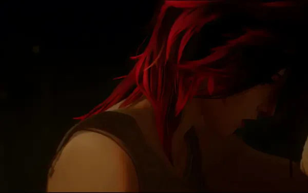 A dramatic HD wallpaper featuring VI from the TV show Arcane, showcasing her striking red hair and intense expression, set against a dark background.