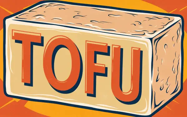 A vibrant illustration of a block of tofu, featuring bold lettering on a bright background. Designed as a 4K Ultra HD PC desktop wallpaper and background.