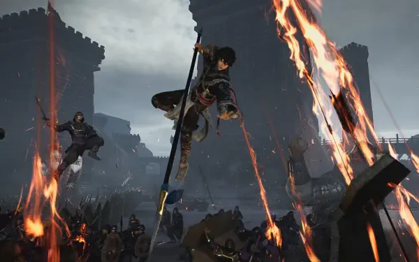 An action-packed scene from the video game Dynasty Warriors: Origins, featuring a character leaping through a battlefield engulfed in flames, set against a dramatic backdrop.
