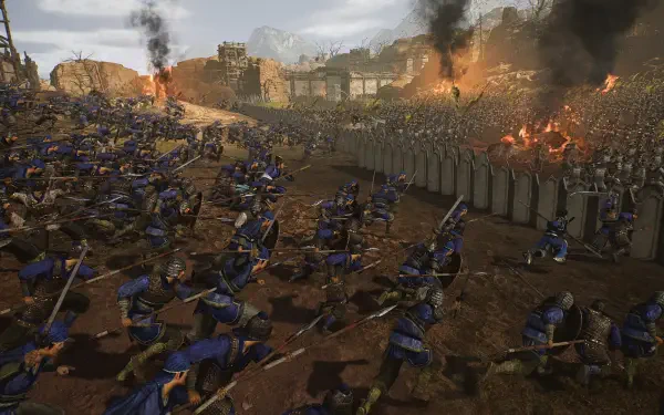 A dynamic HD wallpaper depicting an intense battlefield scene from Dynasty Warriors: Origins, showcasing soldiers in action amidst smoke and flames.