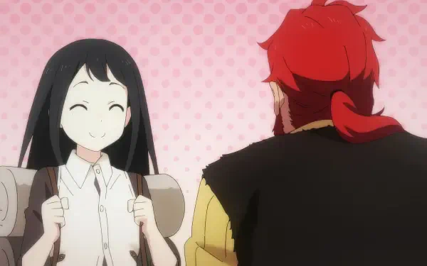 A cheerful scene from the anime I Left My A-Rank Party to Help My Former Students Reach the Dungeon Depths! featuring a girl with black hair smiling at a red-haired man.