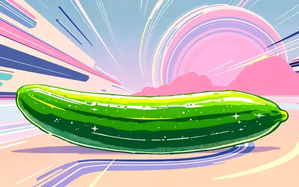 A vibrant, stylized cucumber rests against a colorful background of dynamic lines and abstract shapes, creating a striking 4K Ultra HD desktop wallpaper.