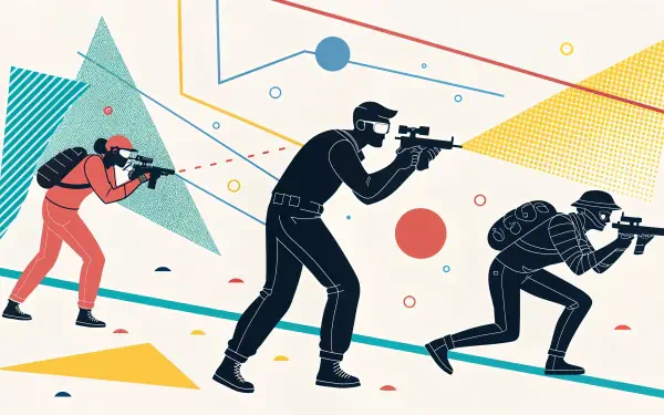 Stylized illustration of three players engaged in a laser tag game, featuring vibrant geometric shapes and dynamic poses, designed as a 4K Ultra HD PC desktop wallpaper.