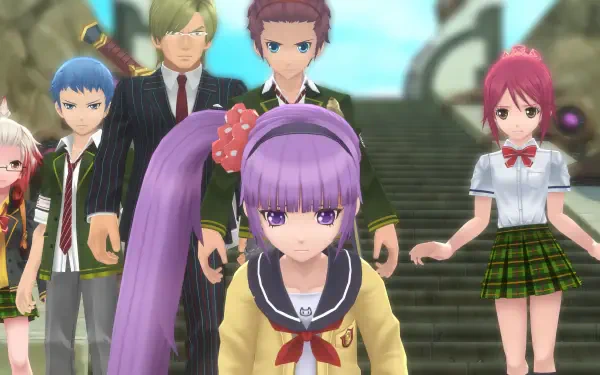 A group of characters from the video game Tales of Graces f Remastered stands together, featuring vibrant 4K Ultra HD graphics in a dynamic background.