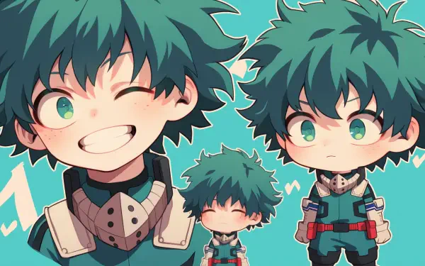 Chibi Izuku Midoriya from My Hero Academia smiles and poses in a colorful, energetic wallpaper, showcasing his vibrant personality and iconic green hair.