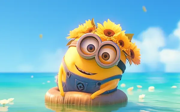 A cheerful Minion wearing a flower crown floats on a donut ring in vibrant blue water, perfect for a lively HD PC desktop wallpaper and background.