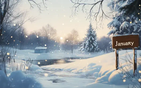 A serene winter landscape featuring a tranquil stream, snow-covered trees, and a signpost reading January, capturing the essence of the season in an artistic HD wallpaper.
