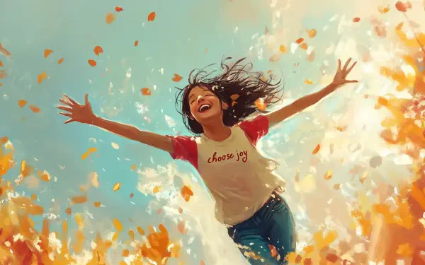 A joyful girl wearing a Choose Joy shirt leaps with open arms among swirling autumn leaves, capturing a vibrant moment of happiness against a bright blue sky.