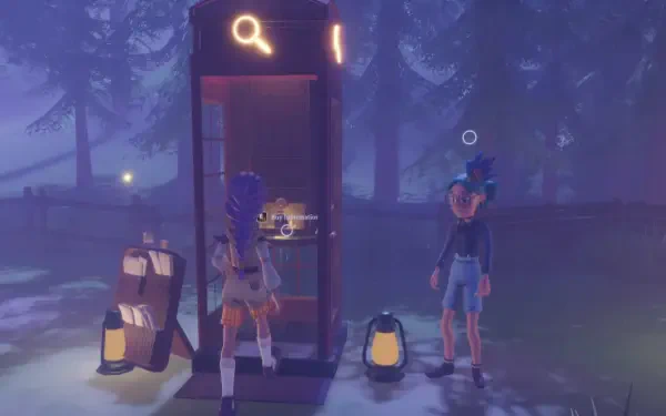 A vibrant HD wallpaper from the game Magic Inn, featuring two characters near a glowing search booth amidst a mysterious forest setting. Lanterns illuminate the scene.