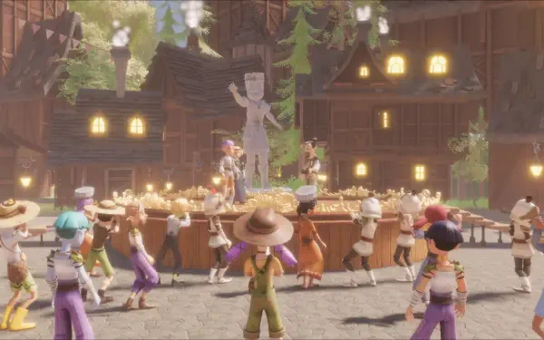 A vibrant scene from the video game Magic Inn, showcasing characters celebrating in a charming village plaza with a statue and cozy buildings in the background. HD PC desktop wallpaper.