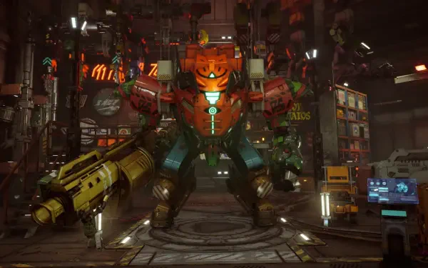 A vibrant HD wallpaper featuring a mech from the video game SYNDUALITY Echo of Ada, showcasing intricate details and a dynamic environment filled with neon lights and tech.