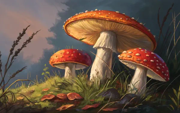 A vibrant digital illustration of fungi features three red and white mushrooms among lush grass and scattered leaves, set against a soft, atmospheric background. 4K Ultra HD desktop wallpaper.