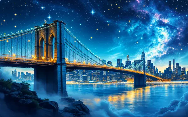 A stunning 4K Ultra HD image of the Brooklyn Bridge illuminated at night, set against a vibrant cosmic backdrop and shimmering water, showcasing the beauty of the New York City skyline.
