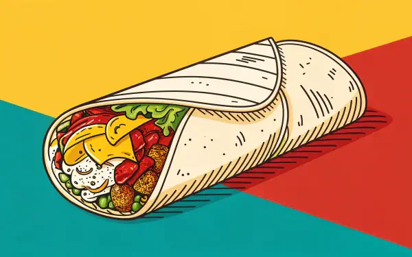 A colorful illustration of a breakfast burrito filled with vegetables and cheese, set against a vibrant background, designed as a 4K Ultra HD desktop wallpaper.