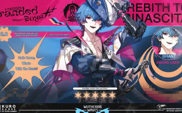 HD PC desktop wallpaper featuring Brant from Wuthering Waves, showcasing vibrant colors, dynamic pose, and stylized graphic design elements from the game.