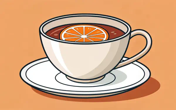A minimalist illustration of Earl Grey tea in a white cup, featuring a slice of orange, set on a matching saucer. This image serves as a stylish 4K Ultra HD desktop wallpaper.