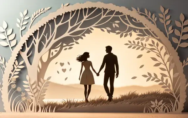 A serene 4K Ultra HD wallpaper depicting a couple holding hands, framed by intricate paper-cut trees and leaves, embodying the theme of soulmates.