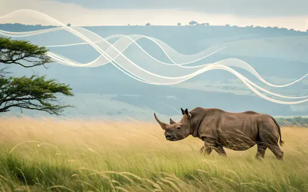 A serene 4K Ultra HD desktop wallpaper featuring a rhinoceros walking through tall grass, set against a backdrop of rolling hills and soft, flowing lines in the sky.