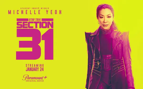 A vibrant HD wallpaper featuring Michelle Yeoh for the movie Star Trek: Section 31, with bold colors and marketing details indicating a streaming release on January 24.