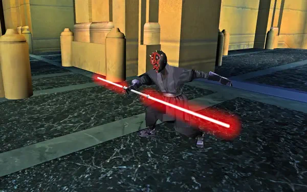 Darth Maul from Star Wars Episode I: Jedi Power Battles stands ready for battle, wielding dual red lightsabers in a striking HD PC desktop wallpaper backdrop.