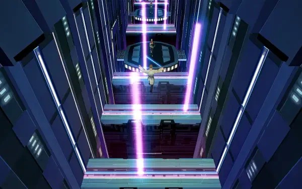 HD desktop wallpaper featuring a scene from Star Wars Episode I: Jedi Power Battles, showcasing vibrant neon lights and dynamic action in a futuristic corridor.