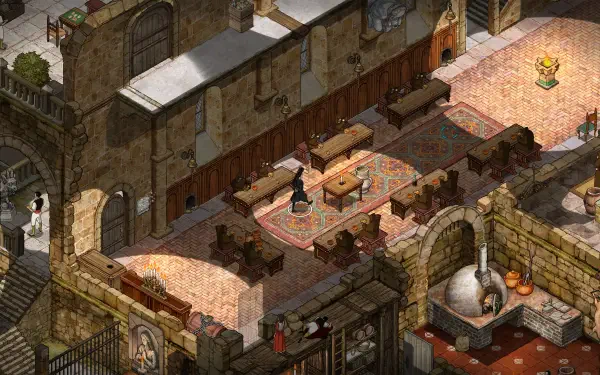 A detailed 4K Ultra HD wallpaper from the video game The Stone of Madness, featuring a richly textured interior with stone architecture, furniture, and warm lighting.