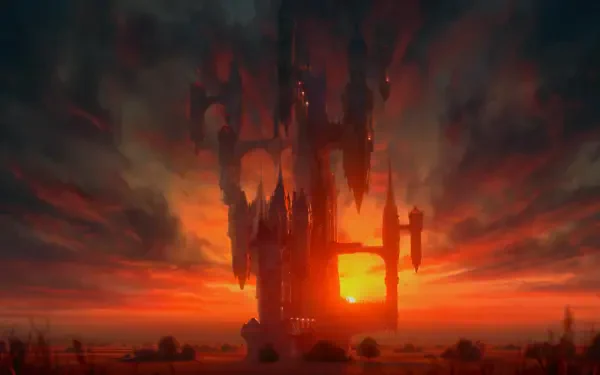 A stunning 4K Ultra HD wallpaper featuring a dark, imposing castle against a vibrant sunset sky, inspired by anime aesthetics and the world of Castlevania.