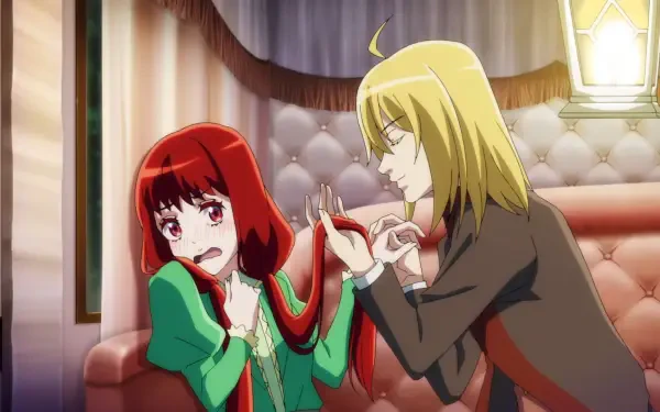 An anime scene from I Want to Escape from Princess Lessons, featuring a red-haired girl looking distressed while a blonde character playfully tugs at her hair in an elegant setting.
