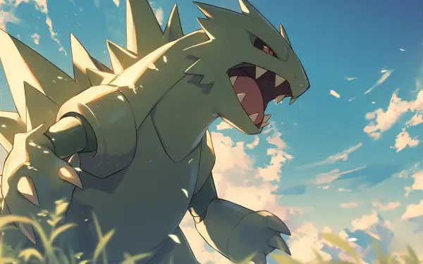 A vibrant HD anime wallpaper featuring Tyranitar from Pokémon, showcasing the fierce creature against a picturesque sky with soft clouds and lush grass.