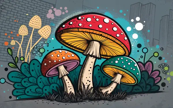 A vibrant illustration of colorful mushrooms surrounded by stylized flora and abstract shapes, serving as an engaging fungi-themed 4K Ultra HD desktop wallpaper.