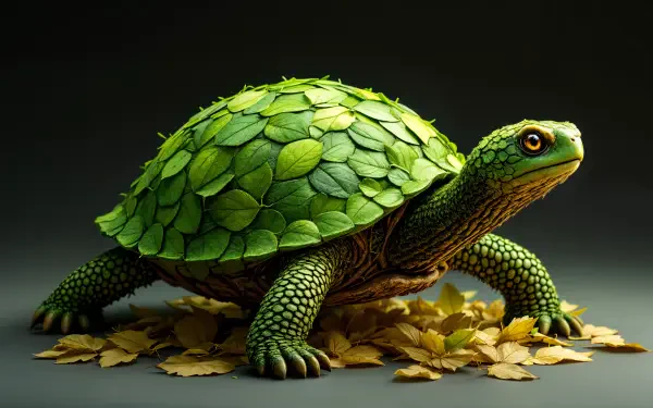 A vibrant green turtle with a shell covered in leaves, surrounded by golden leaves, set against a dark background. This striking image serves as a 4K Ultra HD desktop wallpaper.