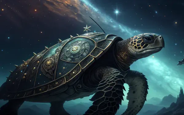 A majestic turtle with intricate armor swims through a cosmic landscape, featuring vibrant stars and swirling galaxies, set as a stunning 4K Ultra HD desktop wallpaper.
