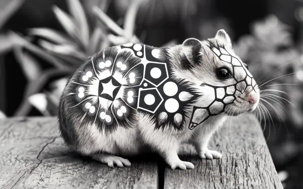 A creatively designed hamster with intricate black and white patterns on its fur, set against a natural background, showcased as a 4K Ultra HD PC desktop wallpaper.