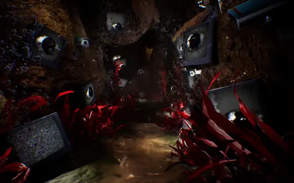 HD PC desktop wallpaper featuring a dark, eerie corridor filled with eyes and red tentacles from the video game The Inn-Sanity.